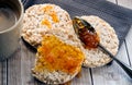 Healthy rice cake with bio jam close up Royalty Free Stock Photo