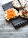 Healthy rice cake with bio jam close up Royalty Free Stock Photo