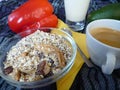 Healthy rich breakfast with granola milk and coffee Royalty Free Stock Photo