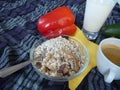 Healthy rich breakfast with granola milk and coffee Royalty Free Stock Photo