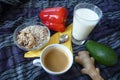 Healthy rich breakfast with granola milk and coffee Royalty Free Stock Photo