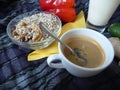 Healthy rich breakfast with granola milk and coffee Royalty Free Stock Photo