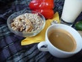 Healthy rich breakfast with granola milk and coffee Royalty Free Stock Photo