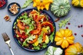 Healthy salad with baked pumpkin slices, red cabbage, avocado, lettuce, arugula, pomegranate and nuts. Vegan vegetarian eating, Royalty Free Stock Photo