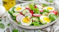 Healthy salad with boiled eggs, cucumbers, radishes, and a mix of greens