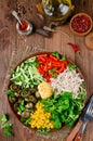 Healthy salad bowl with chicken, mushrooms, corn, cucumbers, sweet pepper and mix salad Royalty Free Stock Photo