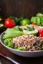 Healthy salad bowl with quinoa, tomatoes, chicken, avocado, lime and mixed greens, lettuce, parsley Royalty Free Stock Photo