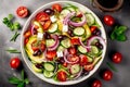 Healthy salad bowl with tomatoes, cucumbers, fresh vegetables, feta cheese and mixed greens on table. Food and health Royalty Free Stock Photo