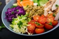 Healthy salad with chicken, tomatoes, cucumber, lettuce, carrot, celery, red cabbage and mung bean on dark background