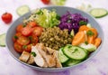 Healthy salad with chicken, tomatoes, cucumber, lettuce, carrot, celery, red cabbage and mung bean on light background