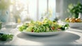 Healthy salad greens on a white plate in a light and airy dining room