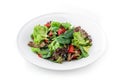 Healthy salad with grilled beef meat, tomatoes, bell pepper, lettuce, arugula, french bean and sauce in plate isolated on white Royalty Free Stock Photo