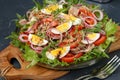 Healthy salad of organic salad with canned tuna, tomatoes, chicken eggs and red onion Royalty Free Stock Photo