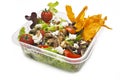 Healthy salad in plastic takeaway container. Goat cheese, tomato, mushrooms, assorted lettuce and sweet potato chips Royalty Free Stock Photo