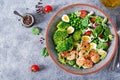 Healthy salad plate. Fresh seafood recipe. Grilled shrimps and fresh vegetable salad, egg and broccoli. Royalty Free Stock Photo