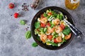 Healthy salad plate. Fresh seafood recipe. Grilled shrimps and fresh vegetable salad and egg. Grilled prawns. Healthy food. Flat l Royalty Free Stock Photo