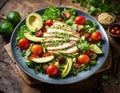 Healthy salad with quinoa, cherry tomatoes, chicken meat, avocado, lime and mixed greens, lettuce, parsley on a wooden table. Royalty Free Stock Photo