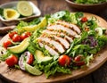 Healthy salad with quinoa, cherry tomatoes, chicken meat, avocado, lime and mixed greens, lettuce, parsley on a wooden table. Royalty Free Stock Photo