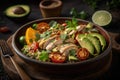 A healthy salad with quinoa tomatoes chicken avocado. Illustration AI Generative