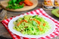 Cabbage and avocado slaw recipe. Easy cabbage salad with fresh avocado, dried apricots, arugula and sesame on a plate