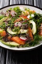 Healthy salad of salmon, avocado, radish and microgreen mix close-up on a plate. vertical