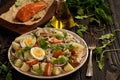 Healthy salad with salmon, potatoes, eggs and ruccola. Royalty Free Stock Photo