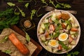 Healthy salad with salmon, potatoes, eggs and ruccola. Royalty Free Stock Photo