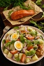 Healthy salad with salmon, potatoes, eggs and ruccola. Royalty Free Stock Photo