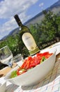 Healthy salad and wine, picnic