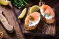 Healthy salmon with cottage cheese on serving board