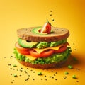 Healthy sandwich with avocado, tomato, cheese and lettuce on yellow background