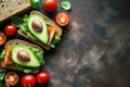 Healthy sandwich with bread and avocado top view