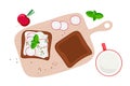 Healthy Sandwich with cottage cheese, basil and garden radish on cutting board. Ingredients for open toast cooking Royalty Free Stock Photo