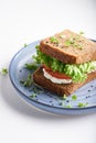Healthy sandwich with gluten-free bread, tomato, lettuce and germinated microgreens, sprinkled with sesame seeds served in plate Royalty Free Stock Photo