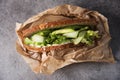 Healthy sandwich with green ingredients, avocado, cucumber and fresh salad, wrapped in brown paper. Royalty Free Stock Photo