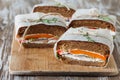 Healthy sandwich made of a fresh rye roll with tasty ingredients Royalty Free Stock Photo