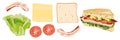 Healthy Sandwich with recipe ingredients tomatoes, bread, bacon, cheese and lettuce. Top view of product on toast. Vector flat Royalty Free Stock Photo