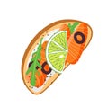 Healthy Sandwich with soft ricotta cheese, arugula, salmon, lime, olives on toasted bread. Top view Vector for menu