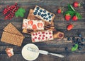 Healthy sandwiches with soft cheese and berries on bread crisps. Healthy eating and summer gifts concept. Creative food Royalty Free Stock Photo