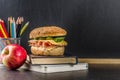 Healthy school food concept, lunch with apple, sandwich, books a