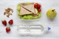 Healthy school lunch box with fresh organic vegetables sandwiches, walnuts, bottle of water and fruits on white wooden background,