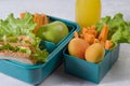 Healthy school lunch with virus protection. Lunch box with a sandwich, fresh vegetables and fruits, a bottle of juice on a light Royalty Free Stock Photo