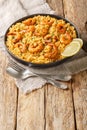 Healthy seafood dish Risotto with shrimp, lemon and fresh herbs closeup on the plate. Vertical