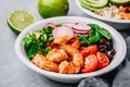 Spicy Shrimp Burrito Buddha Bowl with wild rice, spinach, radish, tomatoes, black beans and broccoli Royalty Free Stock Photo