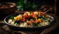 Healthy seafood risotto with grilled vegetables and prawns generated by AI
