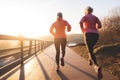 Healthy senior friends jogging at sunrise in the park. Generative AI