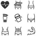 Healthy shape fat loss icon and body muscle builder by meal replacement shake cup and icon six pack and overweight naked icon Royalty Free Stock Photo