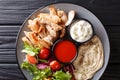 Healthy shawarma plate with chicken, hummus, salad and sauces close-up on a table. Horizontal top view Royalty Free Stock Photo