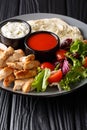 Healthy shawarma plate with chicken, hummus, salad and sauces close-up on a table. vertical Royalty Free Stock Photo