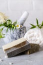 Healthy skin care. SPA concept. Natural handmade soap with dried herbs and flowers , sea salt. Natural Herbal Product Royalty Free Stock Photo